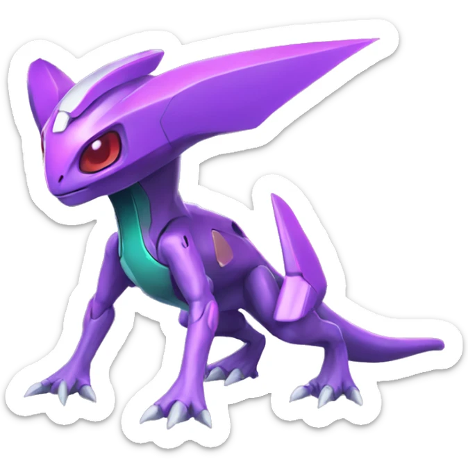 a shiny colorful Genesect-Raptor-Fakémon—hybrid with a futuristic visor-helmet full body sticker