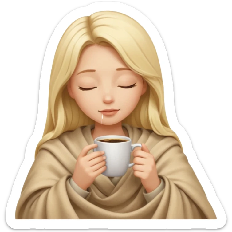 Blonde girl long hair inside a beige blanket sipping coffee eyes closed sticker