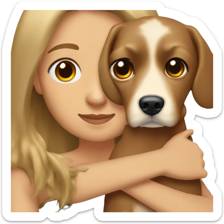 Woman with long and straight hair with dark hair and some blonde lines, hugging a cocker spaniel sticker