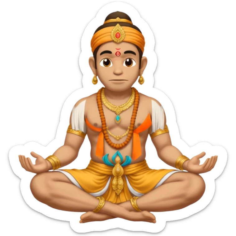 Hanuman ji seated and praying with close eyes with golden mukut and only in dhoti no upper wearings and tail behind sticker