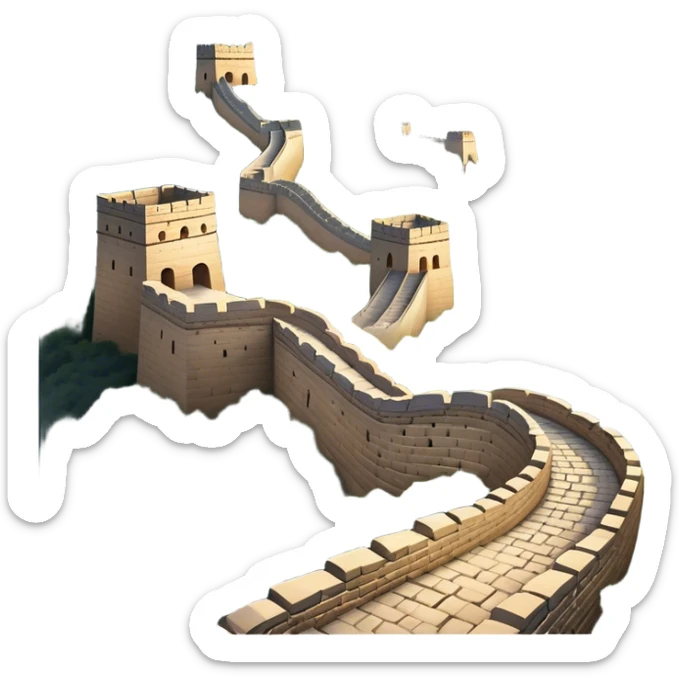 Cinematic Realistic Great Wall of China Landmark Emoji, depicted with ancient stone pathways winding over rugged mountains, watchtowers punctuating the misty landscape, and soft golden sunlight casting dramatic shadows. sticker