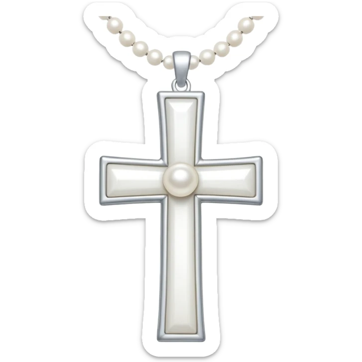 Elegant emoji icon of a white cross made of white beads, glossy surface, and white bead chain subtle shadows, pure white palette sticker