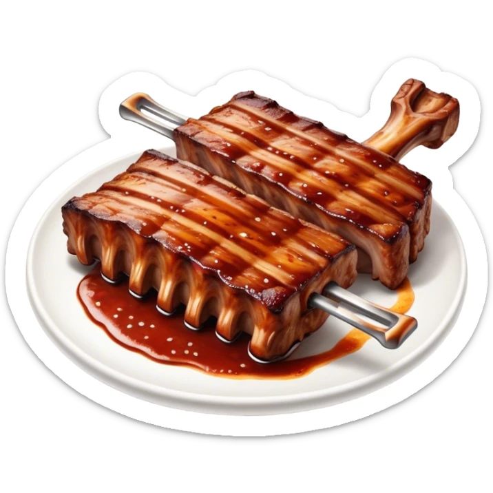 Cinematic juicy grilled ribs, glistening with smoky barbecue sauce, charred edges, tender meat falling off the bone, sizzling on a hot grill, mouthwatering and rich, warm and inviting, ultra-realistic and delicious. sticker