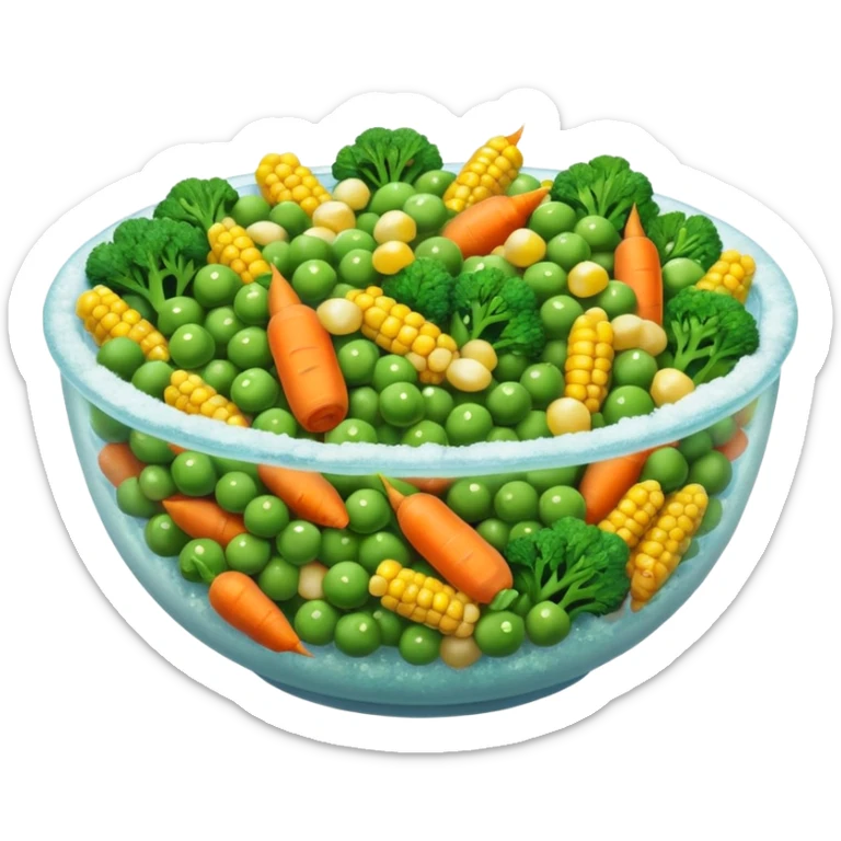 A close-up of a bowl filled with frozen mixed vegetables — peas, carrots, corn, and broccoli — covered with a light layer of frost. The colors are bright but slightly muted from freezing. Natural lighting, high-detail macro food photo. sticker