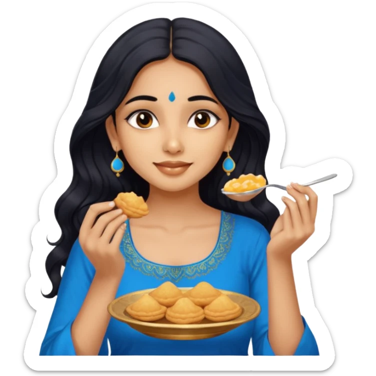 a pretty tan indian bratz girl with wavy long BLACK hair. eyeliner on, wearing a blue kurti, eating golgappa. NO SPOON sticker
