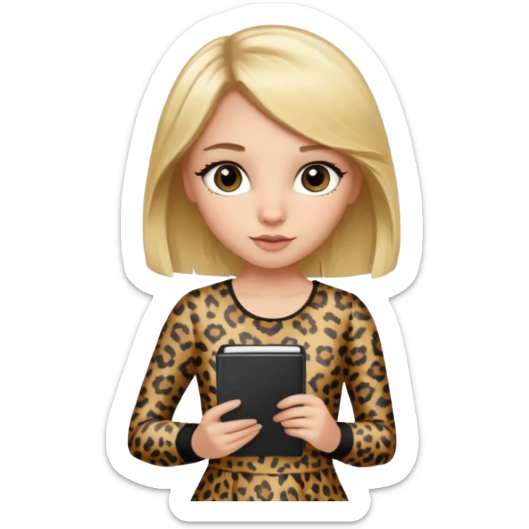 Blond hair girl with a leopard print dress and black leggings holding a note book and a pen sticker