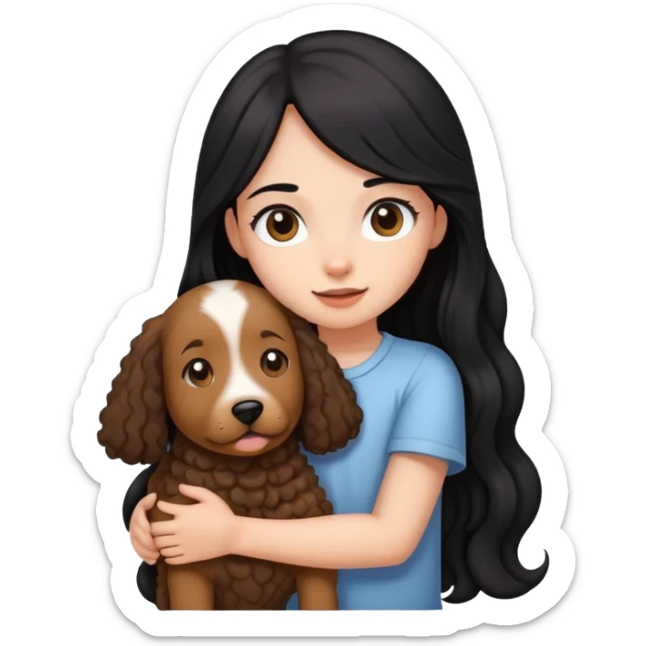 A girl with long straight black hair holding a curly brown giant dog sticker