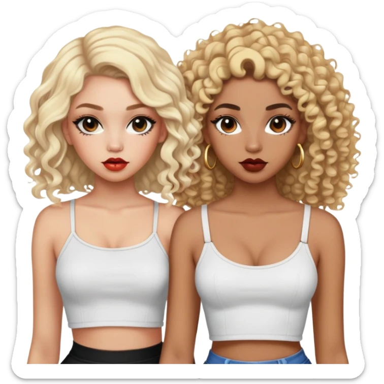 Two teenage girls together, one white with blonde hair and one brown-skinned with curly dark hair, both with heavy makeup, big lips, crop tops and choni style clothing sticker