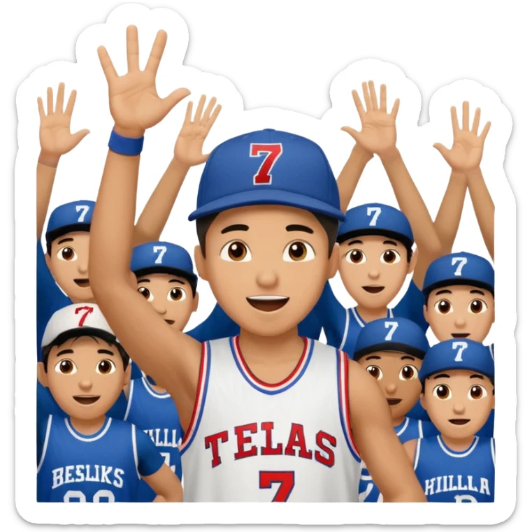 Maverick Trevillian in the crowd at an amateur basketball game. He leans towards the camera and enthusiastically shouts "six seven while performing a distinctive hand gesture: both hands open, palms facing upward, moving up and down as if weighing two options. sticker