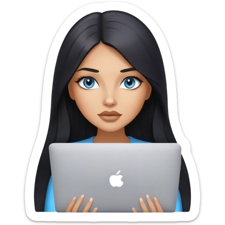 Glamours tanned very beautiful girl with pump nude lips and black straight smooth long hair, blue-gray eyes, with MacBook  sticker