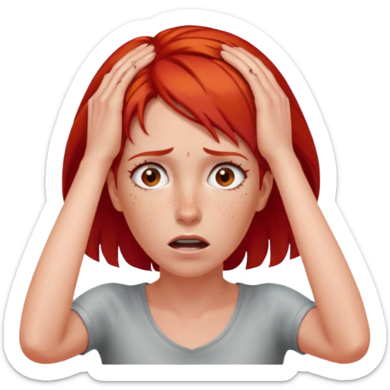 A realistic waist-up portrait of a frightened woman with her hands on her head and red hair sticker