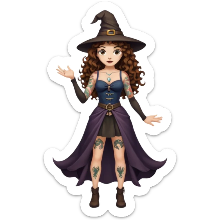 full body view of a woman with long curly brown hair, brown eyes, white skin, tattoos, hands on hips, unimpressed witch stance, psychedelic background swirl sticker