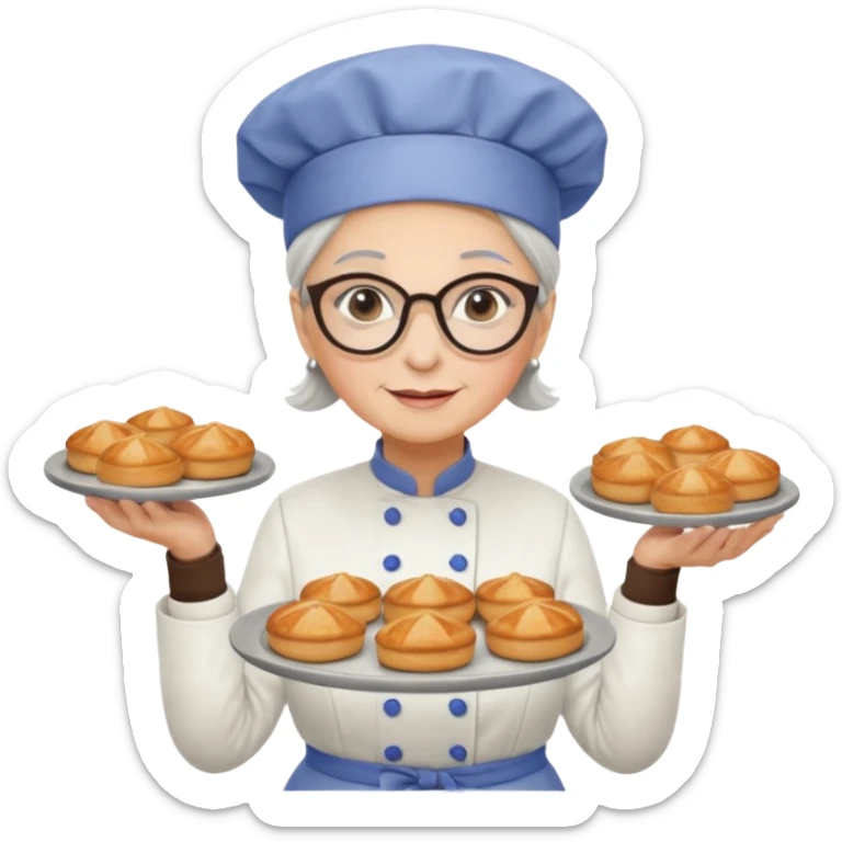 Older female pastry chef – round glasses, oven mitts on, holding a tray of pastries.

 sticker