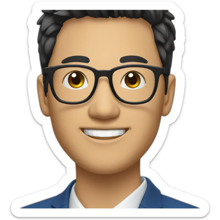 Young Business man with Black hair and round Glases, smiling, asian, blaue suit, without tie sticker