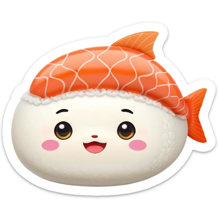 Cute Kawaii Nigiri Sushi, plump and happy, a soft white rice pillow topped with bright orange salmon, tiny blushing cheeks, big round eyes, a joyful floating expression! sticker
