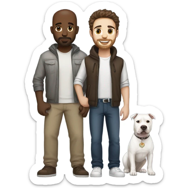 white male with dark brown hair and a lightly scruffy beard shadow standing alongside a white pitbull sticker