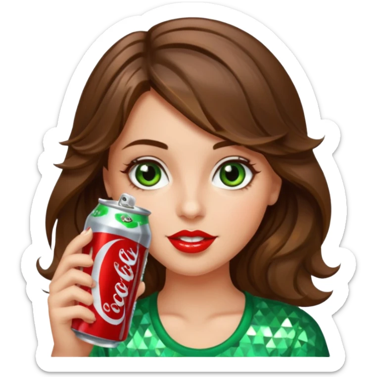 Girl with brown wavy hair green-brown eyes drinking a bedazzled Diet Coke  sticker