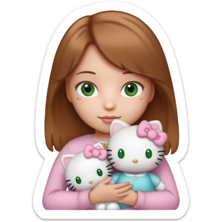 Girl with natural green eyes and light brown hair and she have a hello kitty doll with her hand sticker