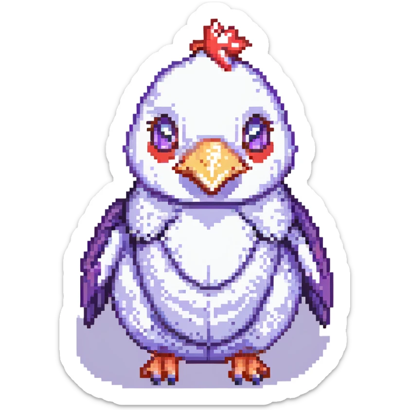a chicken-pig-penguin hybrid with red teeth and a purple nose, pixel art style sticker