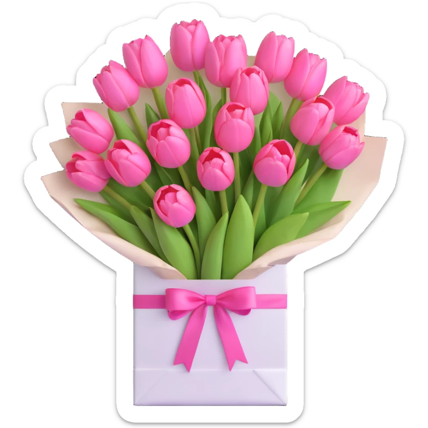 a bouquet of pink tulips in a white paper bag tied with a pink ribbon, pastel colors, soft shadows, clean and minimalistic design, 3D iOS emoji style sticker