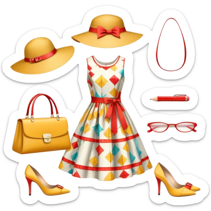 Icon for Fashion Design: a pattern of a bright, beautiful dress with measurements, a ruler, and pencil, along with a hat, shoes, and a handbag. The icon should represent fashion design with attention to detail and style. Transparent background. sticker