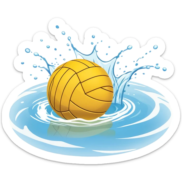 An icon featuring a yellow water polo ball floating on the water with goals in the background, inside a swimming pool. The design includes splashes and ripples, symbolizing the fast-paced action and strategy of water polo. Transparent background highlights. sticker