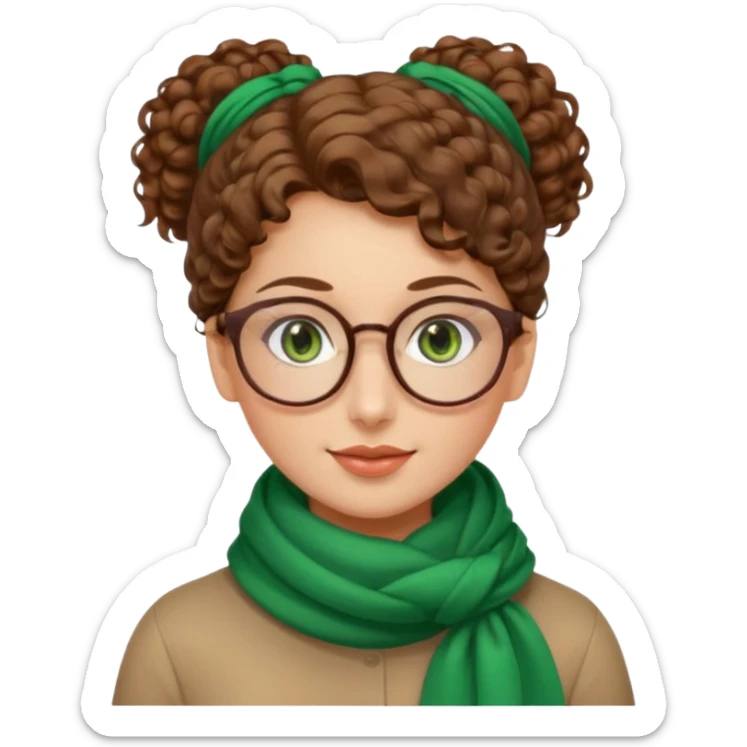iranian woman, tight curly light brown hair in one high pony tail, glasses, green eyes, pretty, oval shape face, no hajib, scarf on neck sticker