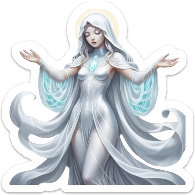 Cinematic, Ultra realistic 32k HD, Breathtaking piece of art, rim lighting, hauntingly beautiful art, mostly greyscale, Balanced features, highly detailed digital artwork, glowing with silver light, glowing, high shine, deviant adoptable, highly detailed clothing, remembrance, a painting of white silver, fanciful, enchanting, ghostly, embodying the essence of both reality and fantasy, dreamy, dreamy glow, optical illusion, immaculate composition, complex pose, air composition. The image is so lifelike that it feels as though it could leap off the canvas at any moment sticker