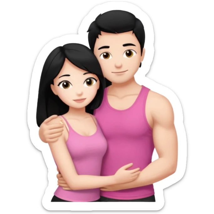 a pretty bratz fair girl. black hair, wearing a pink cami top, she is hugging a handsome fair guy with black hair. lean but muscular. is wearing a black tshirt sticker