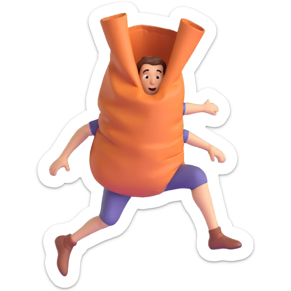 a man with both legs inside of a sack up to the waist, jumping, simplified, minimal details, 3D style sticker