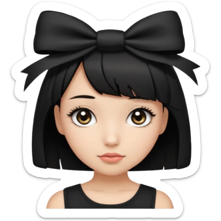 Girl with black cute bob cut with a black top and a bow on her head with long lashes sticker
