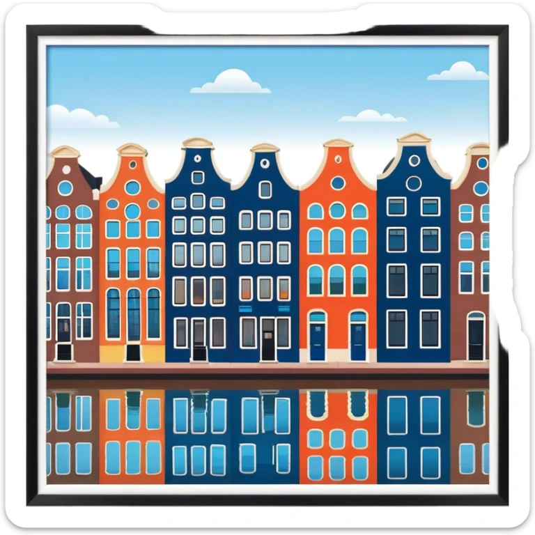 Cinematic Realistic Amsterdam Canal Houses Landmark Emoji, featuring narrow, gabled facades in vibrant colors reflecting on the calm canal waters. sticker