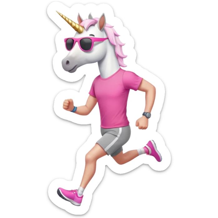 friendly anthropomorphised male white unicorn in grey shorts and pink t-shirt, wearing dark sunglasses, jogging upright in a standard pose sticker