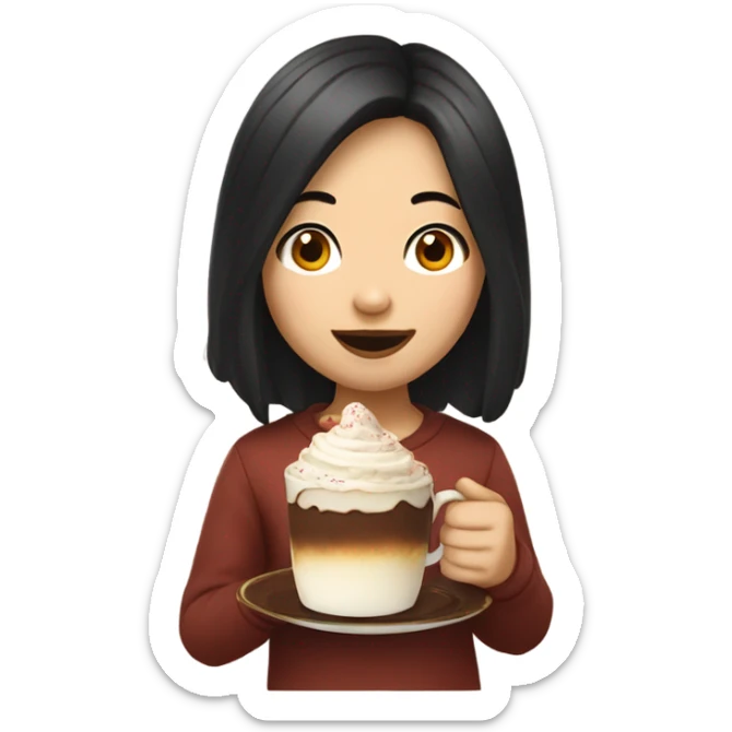 An Asian girl with black slightly wavy hair with no bangs enjoying a piece of victoria cake with a cup of hot chocolate sticker
