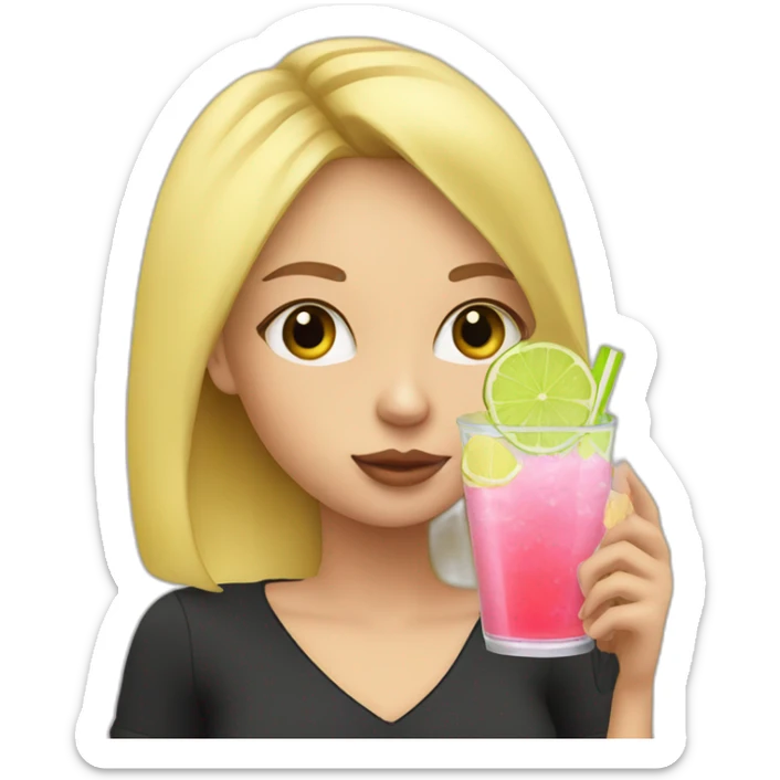 blonde girl drinking pink lemonade with one green lemon in the cup, with black watch sticker