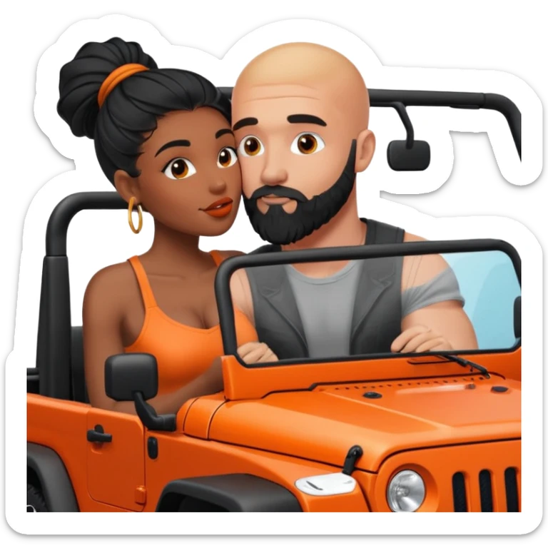 Intimate moment between lovers, real photo Realistic Couple, black woman with long black balayage hair is kissing bald white muscular man with orange facial hair and beard in a red Jeep Wrangler  sticker