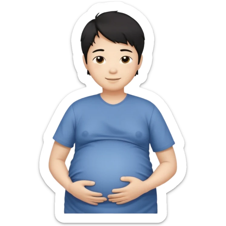 pregnant asian boy with short messy black hair holding his belly embracing his pregnancy sticker