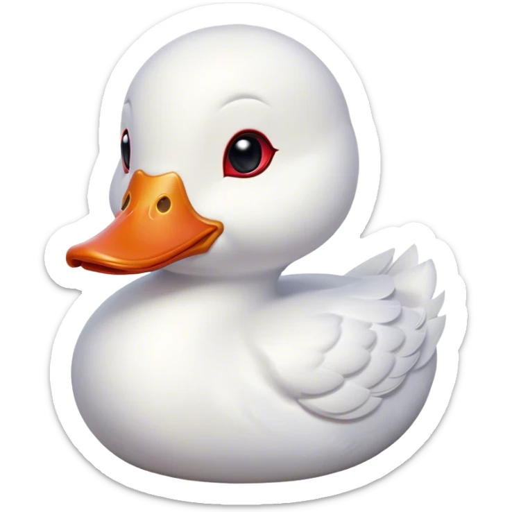 Cinematic Cute White Duck Portrait Emoji, Head tilted playfully and inquisitively, featuring a glossy, immaculate white plumage with a charming red bill, round, sparkling eyes filled with curiosity, Simplified yet irresistibly adorable features, highly detailed, glowing with a warm, friendly glow, high shine, affectionate and lively, stylized with a touch of whimsical charm, bright and endearing, soft glowing outline, capturing the essence of a mischievous yet loving duck, so playful it feels like it could waddle out of the screen and into your arms! sticker