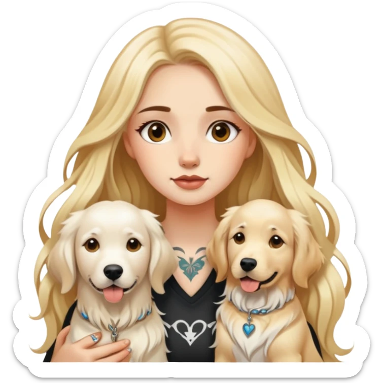 a  white girl with long hair with tattoo with 2 white golden retriever  sticker