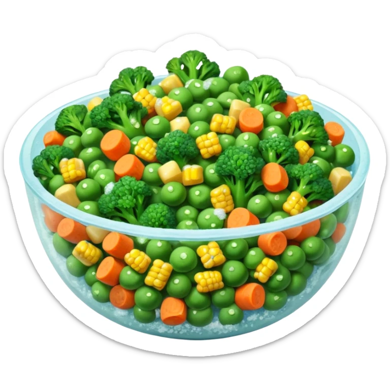 A close-up of a bowl filled with frozen mixed vegetables — peas, carrots, corn, and broccoli — covered with a light layer of frost. The colors are bright but slightly muted from freezing. Natural lighting, high-detail macro food photo. sticker
