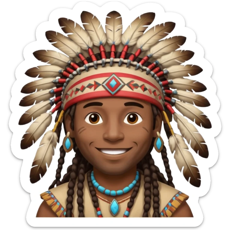 Black American man dark brown with dreads with a American Indian headdress with a laughing face sticker