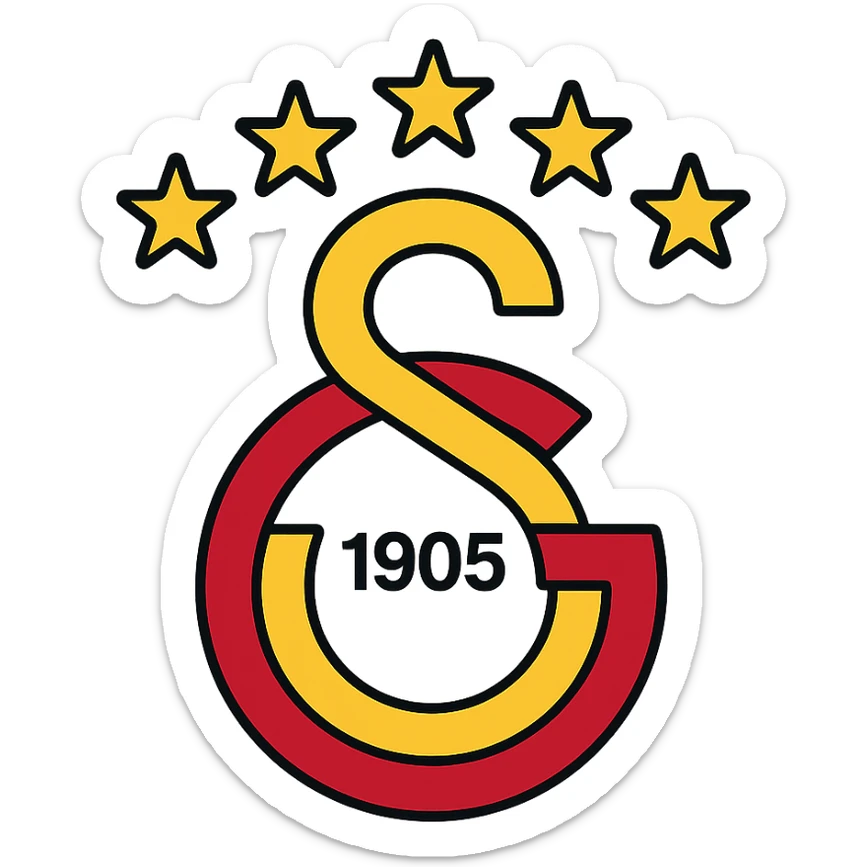 Galatasaray logo with 5 stars on top, yellow-red colors, minimal and contemporary design, transparent background sticker