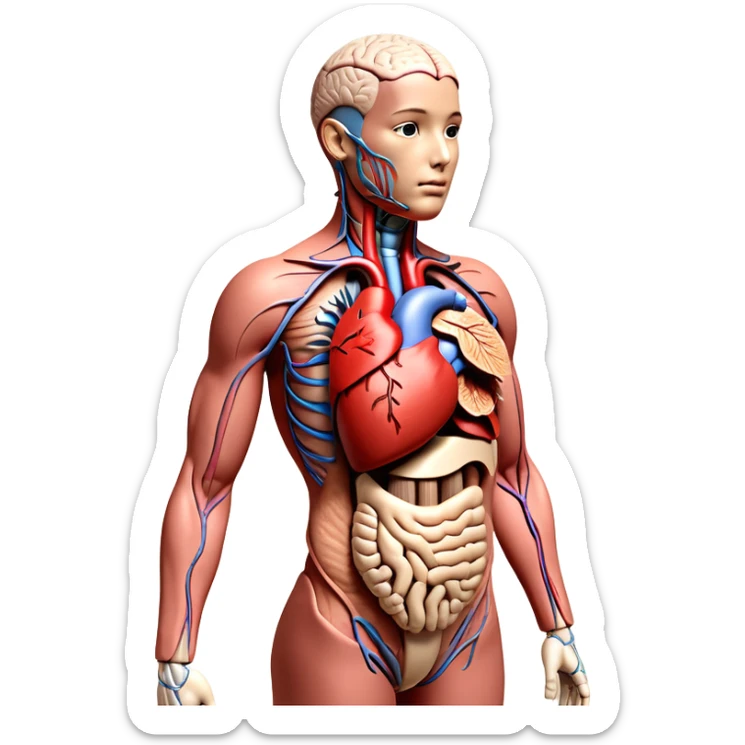 "A highly detailed 3D anatomical model of a full-body human, cutaway view revealing internal organs such as the heart, lungs, liver, stomach, intestines, and brain. One half of the body shows realistic skin, while the other half exposes the internal anatomy. Medical illustration style, realistic lighting, neutral background, hyper-detailed, scientific accuracy, 8K resolution sticker