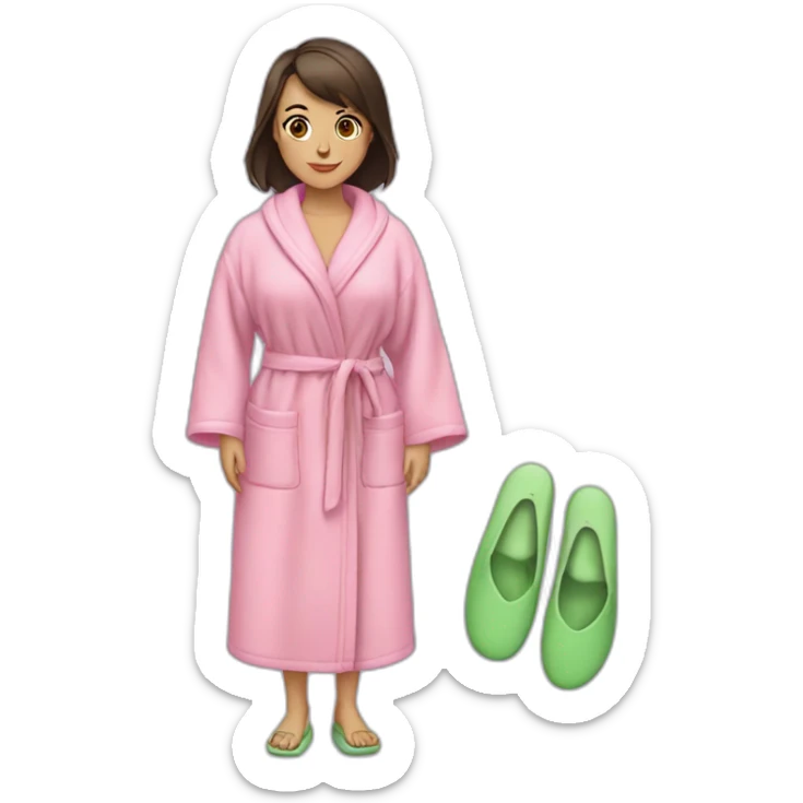 a brunette girl in a pink terry dressing gown with green slippers sticker