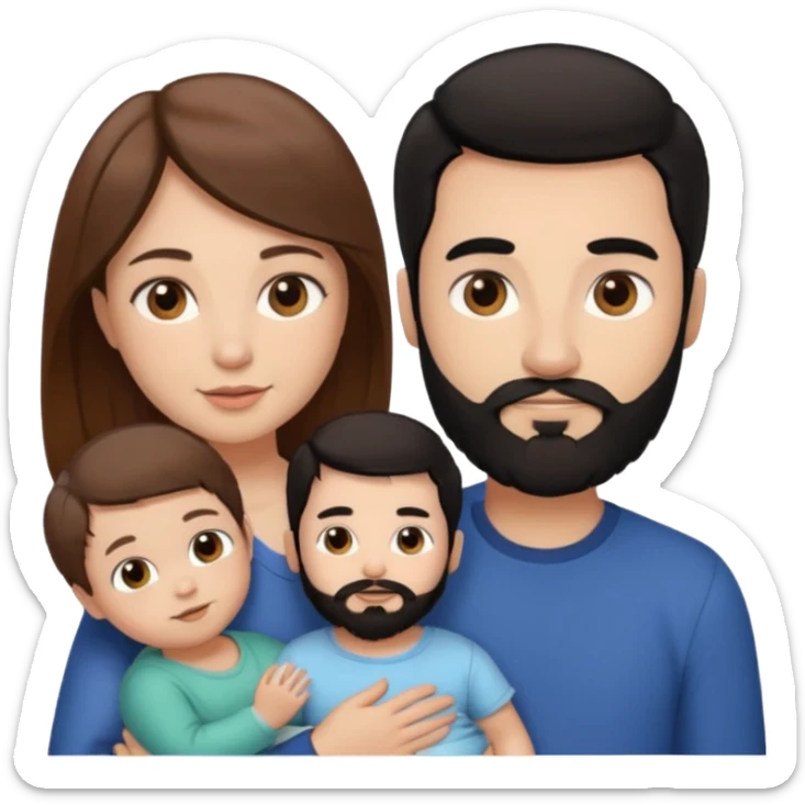 Una mujer con pelo castaño y ojos marrones y un hombre con pelo negro y barba y un bebe sticker