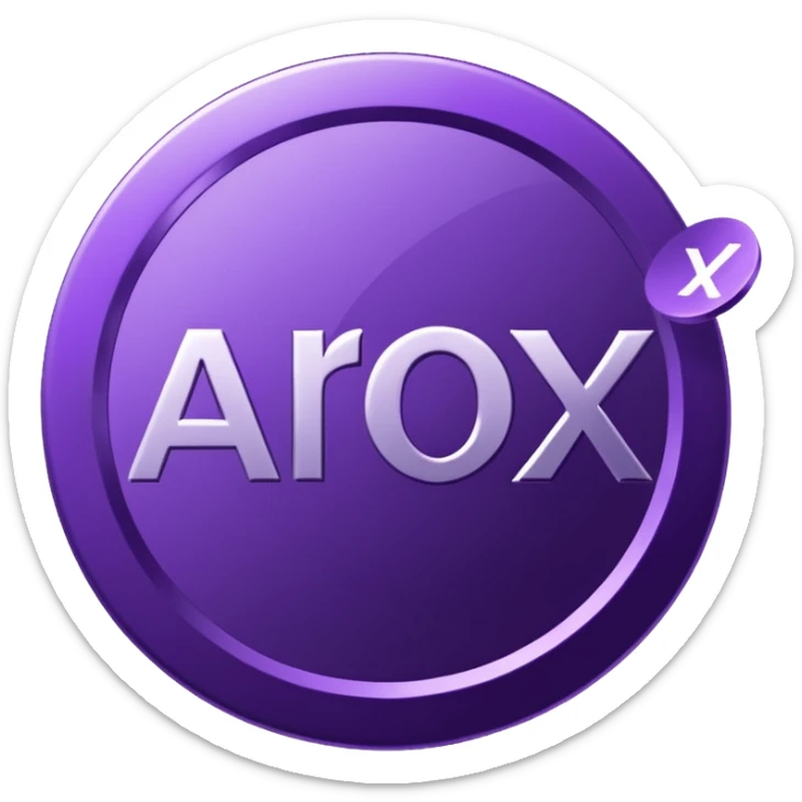 A purple coin spinning in the air. On the front side of the coin, the word 'Arox' is written in large, modern, and shiny letters. Just below 'Arox', in smaller size and simple font, it says 'WEB | SCRIPT | SITE'. The background is dark, with cinematic lighting highlighting the coin’s shine. sticker