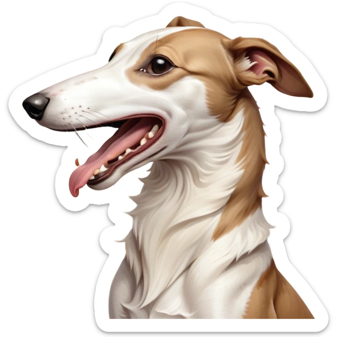 Cinematic Cute Yawning White and Brown Greyhound Portrait Emoji, Head tilted slightly with a dramatic, wide-open yawn, showcasing a pristine white Fur with bold brown markings, floppy ears slightly drooping, round eyes barely open in drowsy contentment, Simplified yet irresistibly adorable features, highly detailed, glowing with a soft, cozy glow, high shine, relaxed yet expressive, stylized with a touch of whimsy, bright and endearing, soft glowing outline, capturing the essence of a sleepy yet affectionate companion, so drowsy it feels like it could stretch out of the screen and curl up for a nap! sticker