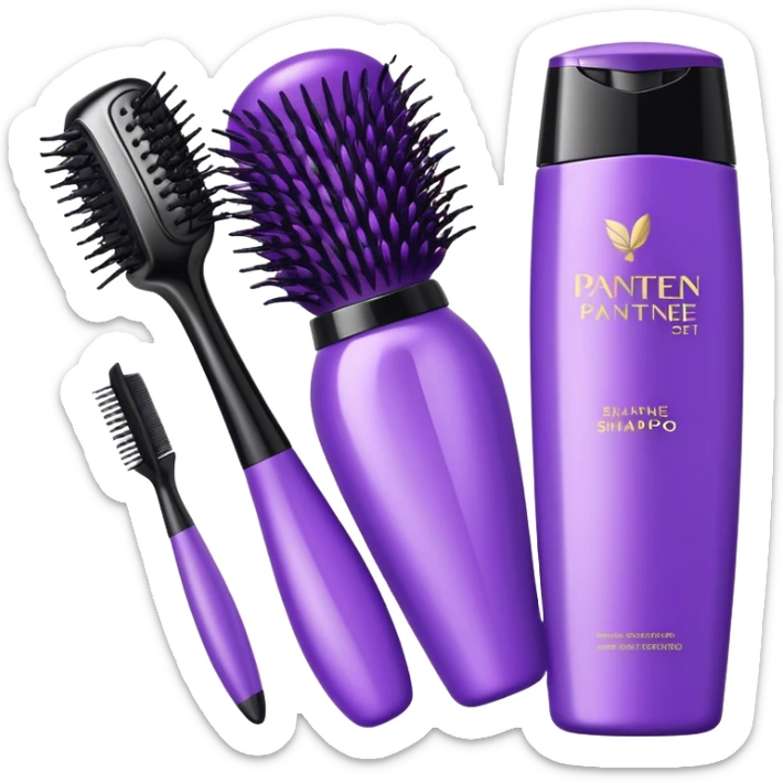 Aesthetically pleasing set of Pantene shampoo and hair brush in purple color sticker