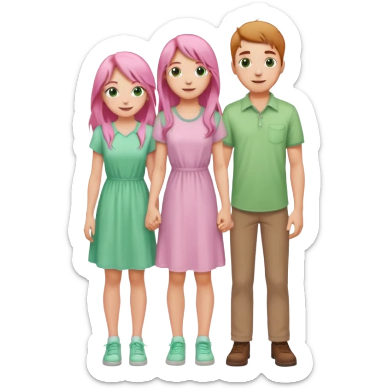 full-length happy couple, girl with long pink hair and green eyes in pastel dress, boy with light brown hair in casual shirt sticker