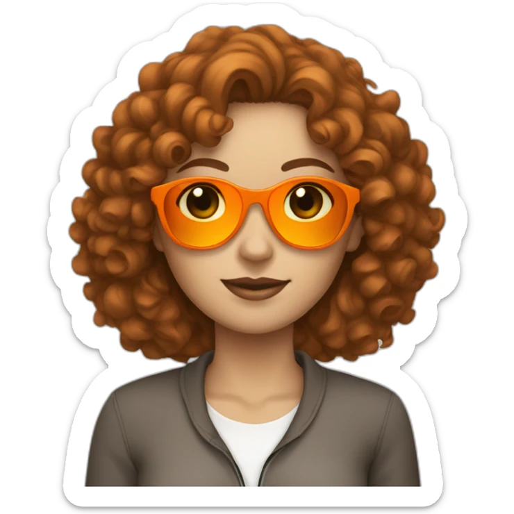 a curly brown hair white woman with sunglasses and a orange trucksuit  sticker